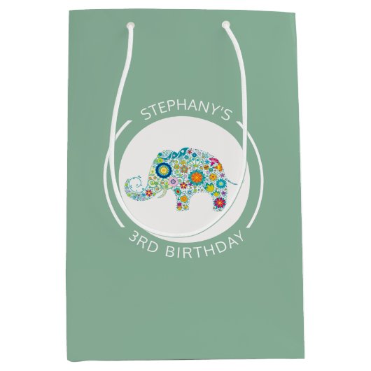 かわいいカラフル花象モノグラム ミディアムペーパーバッグ (正面)