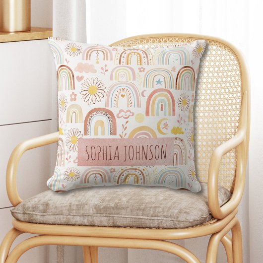 かわいいカラフル虹とデイジーの花抽象芸術 クッション