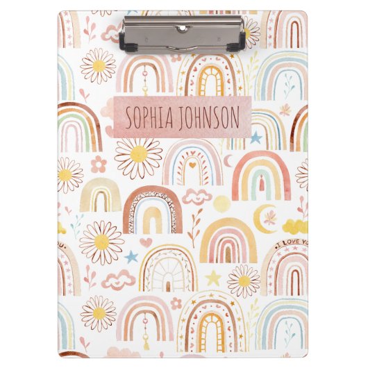かわいいカラフル虹とデイジーの花抽象芸術 クリップボード (正面)
