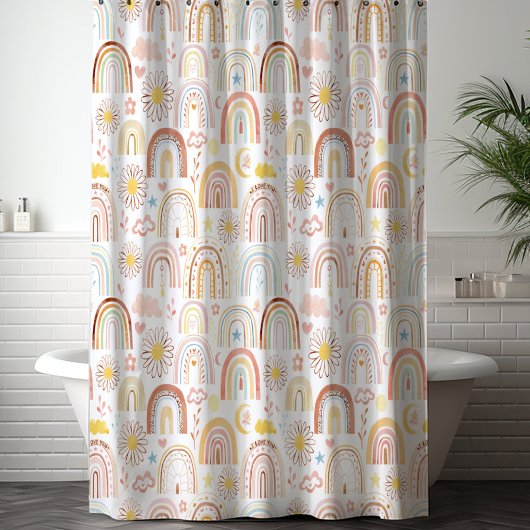 かわいいカラフル虹とデイジーの花抽象芸術 シャワーカーテン