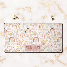 かわいいカラフル虹とデイジーの花抽象芸術 デスクマット