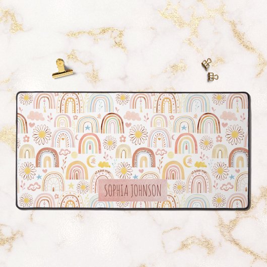 かわいいカラフル虹とデイジーの花抽象芸術 デスクマット