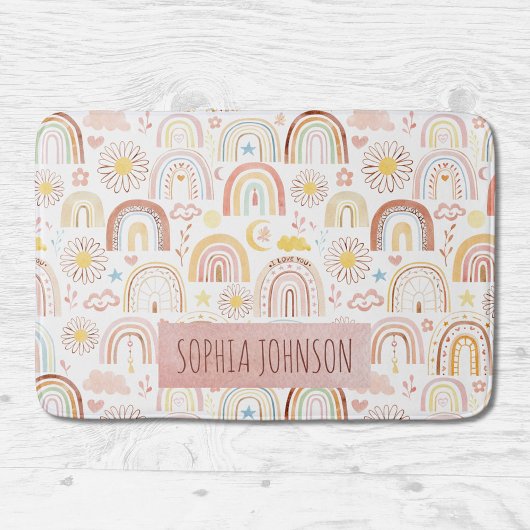 かわいいカラフル虹とデイジーの花抽象芸術 バスマット