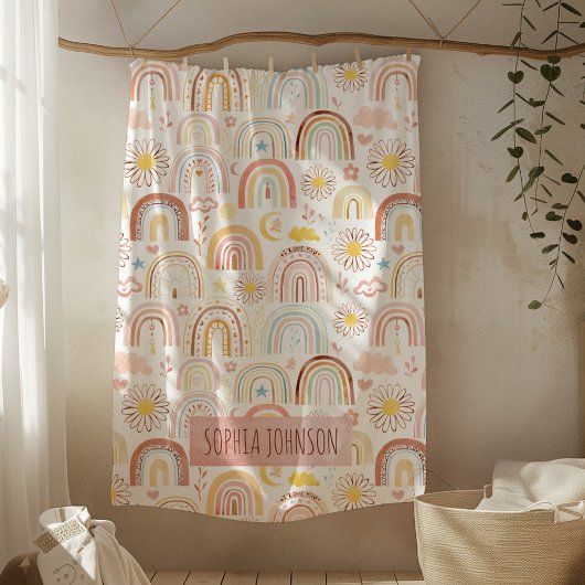 かわいいカラフル虹とデイジーの花抽象芸術 フリースブランケット