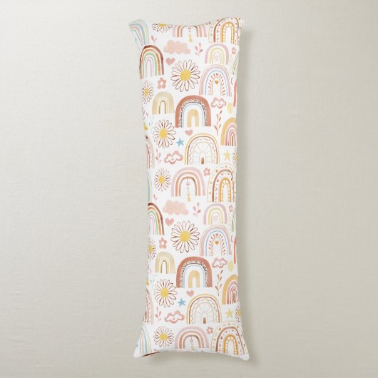 かわいいカラフル虹とデイジーの花抽象芸術 ボディピロー (正面縦)