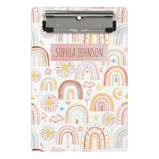 かわいいカラフル虹とデイジーの花抽象芸術 ミニクリップボード (正面)