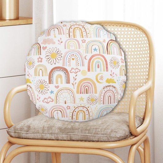 かわいいカラフル虹とデイジーの花抽象芸術 ラウンドクッション