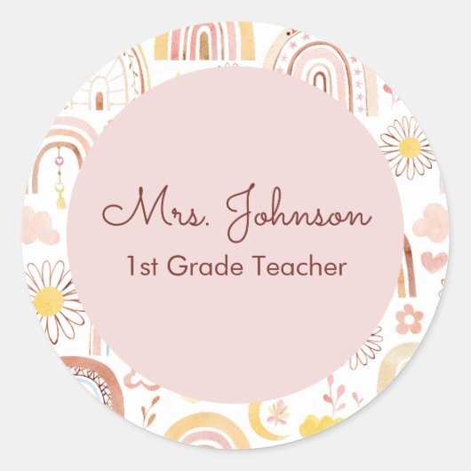 かわいいカラフル虹とデイジーの花抽象芸術 ラウンドシール (正面)