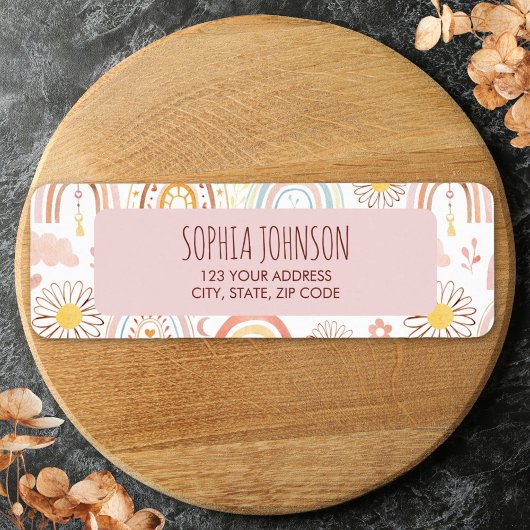 かわいいカラフル虹とデイジーの花抽象芸術 ラベル