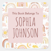 かわいいカラフル虹とデイジー花蔵書票 スクエアシール (正面)