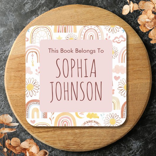 かわいいカラフル虹とデイジー花蔵書票 スクエアシール