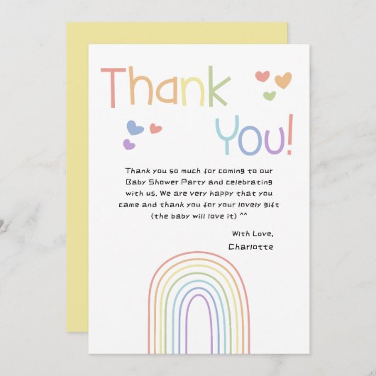 かわいいカラフル虹とハートベイビーシャワー サンキューカード (正面/裏面)