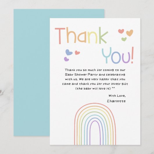 かわいいカラフル虹とハートベイビーシャワー サンキューカード (正面/裏面)