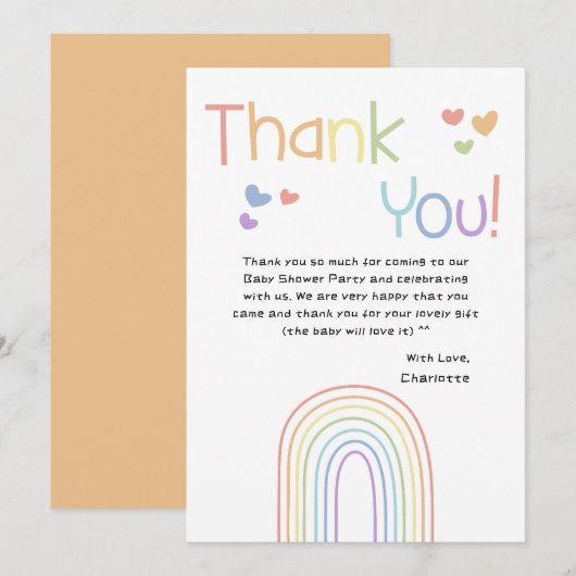 かわいいカラフル虹とハートベイビーシャワー サンキューカード (正面/裏面)