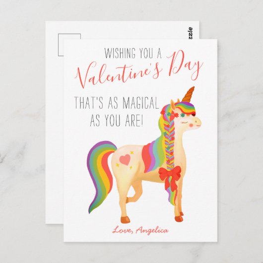 かわいいカラフル虹の一角獣バレンタインデーの子供たち ポストカード (正面/裏面)