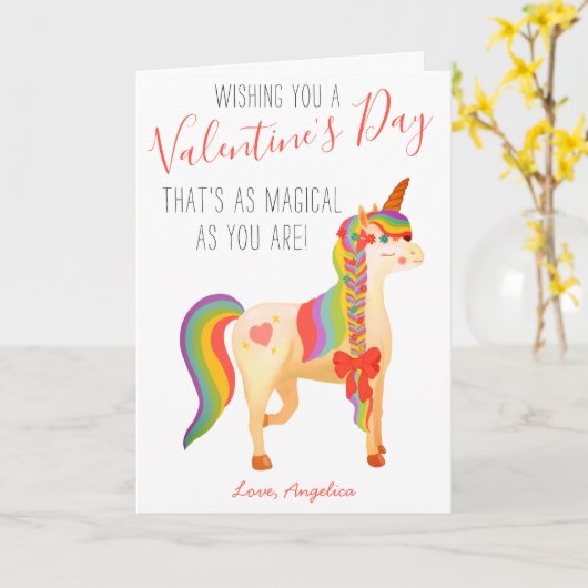 かわいいカラフル虹の一角獣（ユニコーン）のバレンタインデイの子どもたち カード (黄色い花)