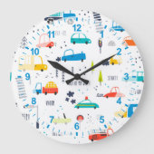 かわいいカラフル車の交通パターン ラージ壁時計 (正面)