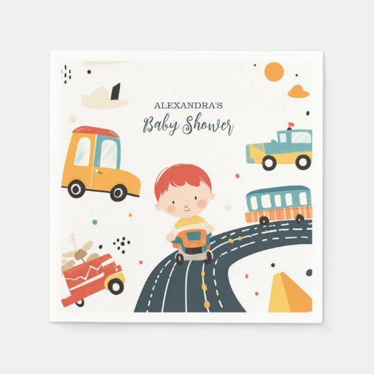 かわいいカラフル車の男の子のシャワー スタンダードカクテルナプキン (正面)
