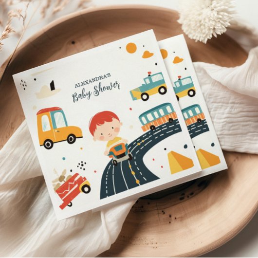 かわいいカラフル車の男の子のシャワー スタンダードカクテルナプキン