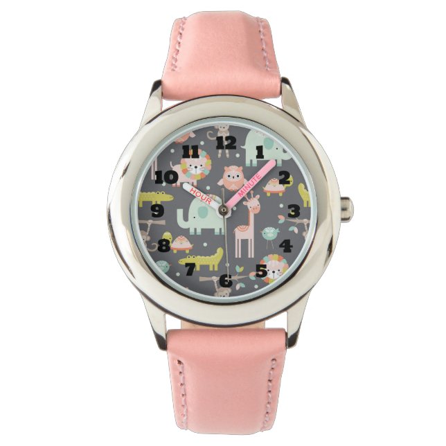 かわいいカラフル野生動物子供部屋アート 腕時計 (正面)