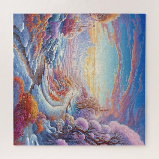 かわいいカラフル雪の冬の木の自然ビュー ジグソーパズル (横)