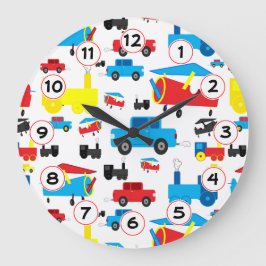 かわいいカラフル飛行機、電車、車のコラージュ ラージ壁時計