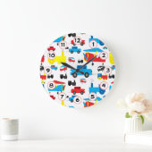 かわいいカラフル飛行機、電車、車のコラージュ ラージ壁時計 (ホーム)