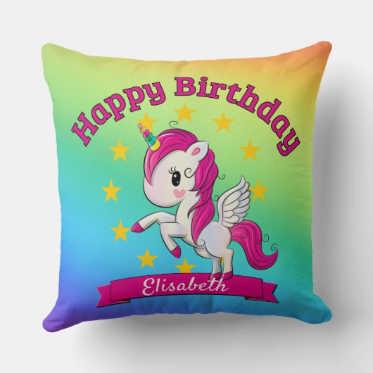 かわいいカラフル魔法のユニコーン虹の子供の名前 クッション (裏面)