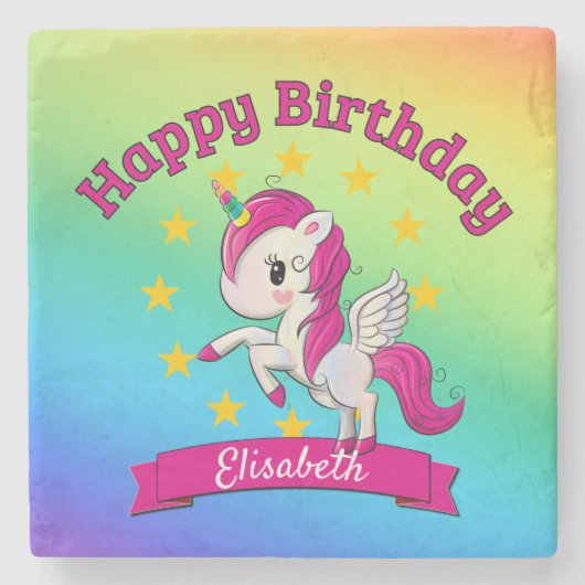 かわいいカラフル魔法のユニコーン虹の子供の名前 ストーンコースター (正面)