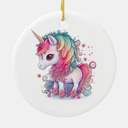 かわいいカラフル魔法の生き物ユニコーンのアートワーク | セラミックオーナメント (裏面)