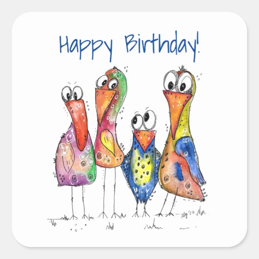 かわいいカラフル鳥お洒落4羽 スクエアシール (正面)