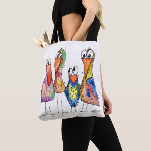 かわいいカラフル鳥お洒落4羽 トートバッグ (クローズアップ)