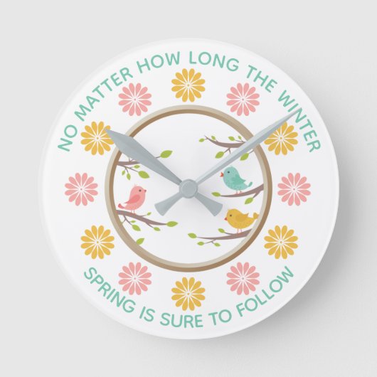 かわいいカラフル鳥と花の春 ラウンド壁時計 (正面)