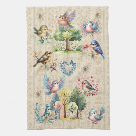 かわいいカラフル鳥 キッチンタオル (縦)