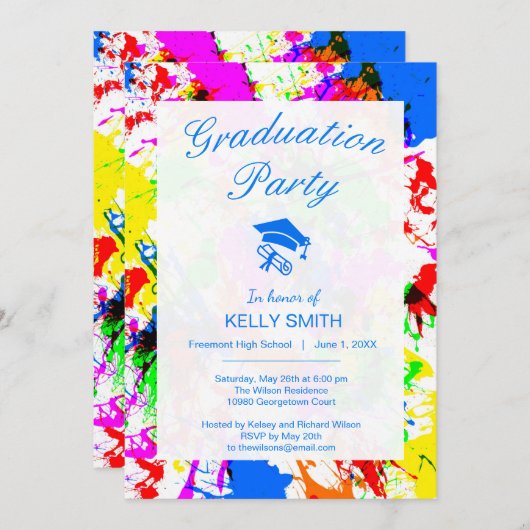 かわいいカラフル（ばちゃばちゃ）跳ねる絵を描卒業パーティー 招待状 (正面/裏面)