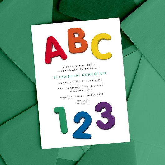 かわいいカラフルABC 123ニュートラルベビーシャワー 招待状