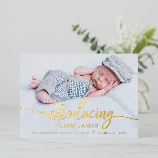 かわいいカリグラフィー写真出生発表カード 箔招待状 (立ち正面)