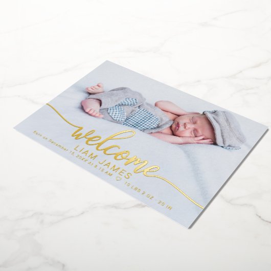 かわいいカリグラフィー写真出生発表カード 箔招待状 (回転した状態)