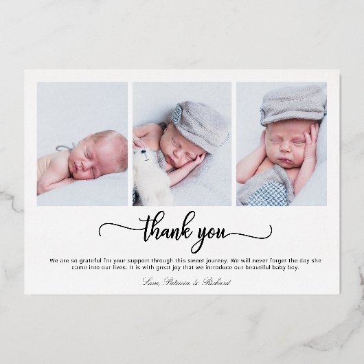 かわいいカリグラフィー写真出生発表カード 箔招待状 (裏面)