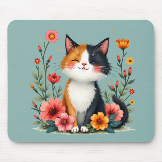 かわいいカリコキャットウィズフローラコテージコアエステティック マウスパッド (正面)