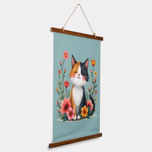 かわいいカリコキャットウィズフローラコテージコアエステティック 吊り下げ型タペストリー (傾斜あり)