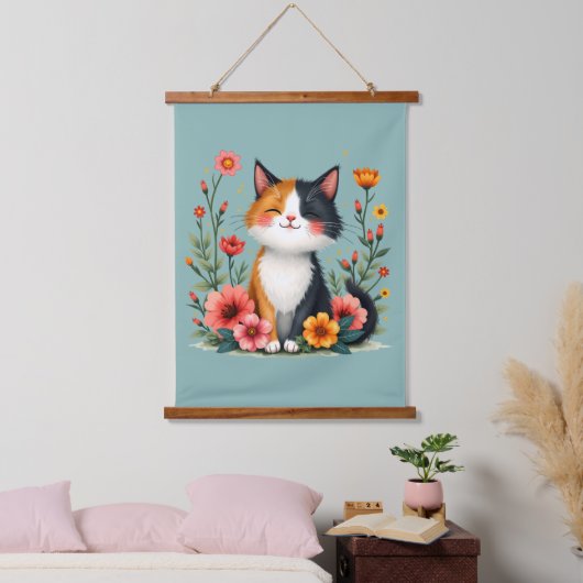 かわいいカリコキャットウィズフローラコテージコアエステティック 吊り下げ型タペストリー (寝室)