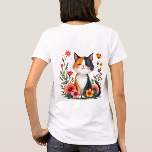 かわいいカリコキャットウィズフローラコテージコアエステティック Tシャツ (裏面)