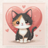 かわいいカリコキャットハートかわいいバレンタインアート ガラスコースター (正面)