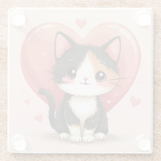 かわいいカリコキャットハートかわいいバレンタインアート ガラスコースター (裏面)
