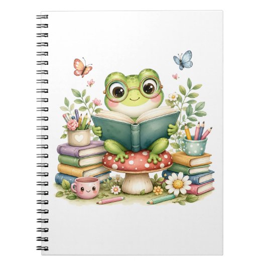 かわいいカワイイカエル 読書 水彩本 ノートブック (正面)