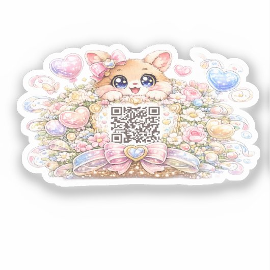 かわいいカワイイカスタムQRコード猫パステルピンクフラワー シール (正面)