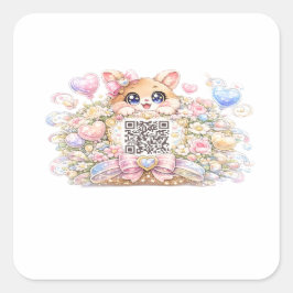かわいいカワイイカスタムQRコード猫パステルピンクフラワー スクエアシール