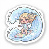 かわいいカワイイサーフィン娘 海の波 夏のビーチ S シール (正面)
