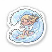 かわいいカワイイサーフィン娘 海の波 夏のビーチ S シール (正面)